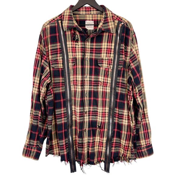 Furst of A Kind Size XL 46-48 Mens Button Down Plaid Zipper Shirt Red Distressed - Picture 1 of 9